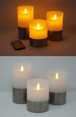 3x LED echtwachs Kerzen weiß mit Silberring flammenlos Fernbedienung Stumpenkerze