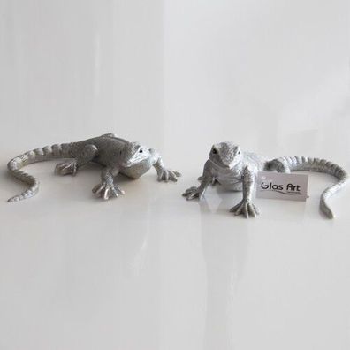 Glas Art Deko Figur Echse Reptil Lurch Gecko silber Paar-Set Handmade NEU