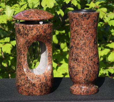 Grablaterne mit Vase Grablicht Grableuchte Grab-Schmuck aus Vanga-Granit