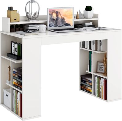 Schreibtisch mit Monitorablage, Computertisch mit 2 Bücherregalen, Bürotisch, Weiß