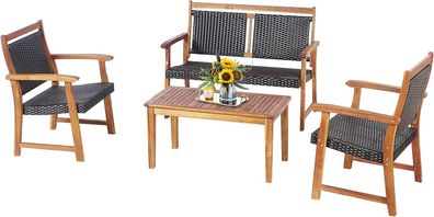 4-teiliges Gartenmöbel Set, Polyrattan Balkonset mit 2 Sessel & Bank & Tisch