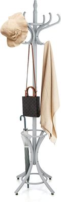184cm Garderobenständer mit Schirmhalter, Jackenständer mit 12 Kleiderhaken, Grau