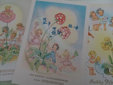 3 alte Postkarte AK Geburtstag geprägte Schrift "Marke Schiff" fröhliche Engel Kinder