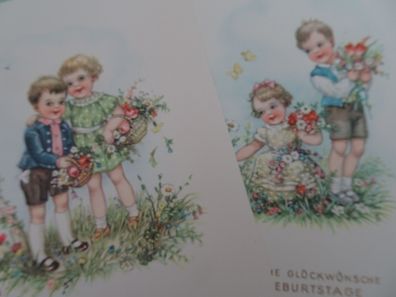 2 alte Postkarte AK Geburtstag geprägte Schrift "Schiff" fröhliche Kinder sign HP