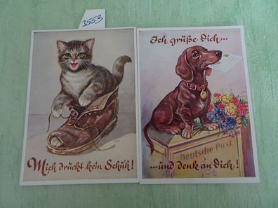 2 alte Postkarten AK Dackel Hund Katze sign OHO Lengauer Karten