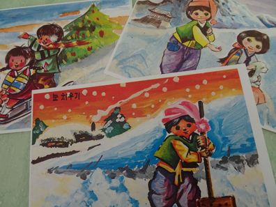 11 alte Postkarten Korean Relief Ettlingen Kinder im Schnee Zeichnungen