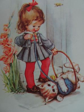 alte Postkarten Tirgra KF Mädchen mit verspielter Katze Hullahopp-Reifen Wollknäuel