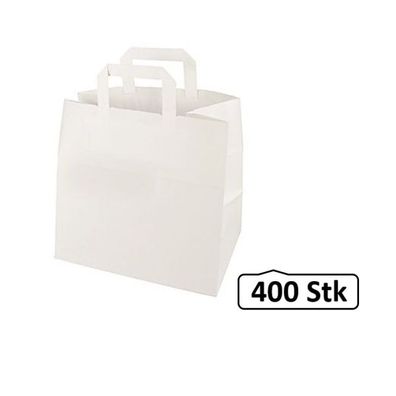 Papiertüten, Papiertaschen, Papiertragetaschen weiß, flacher Henkel 400 Stück, umwelt