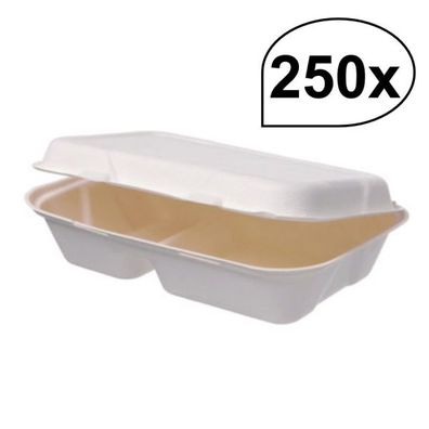 Lunchboxen 2-geteilt aus Bagasse 250 Stück, to go, take away, biologisch abbaubar, um
