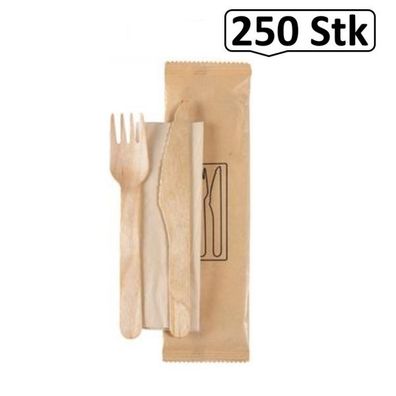 SET: Holzbesteckset Messer und Gabel inkl. Serviette Einwegbesteck, 250 Stk, Holz gew