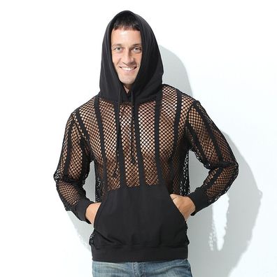 Netz Hoodie Kapuzenpullover Herren Sexy Atmungsaktiv Langarm Shirt Swingerclub S-XL