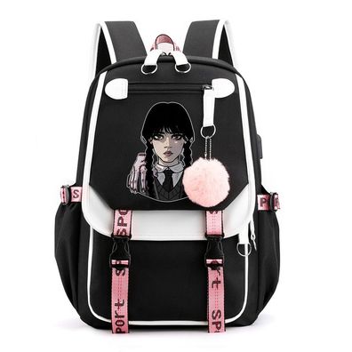 Wednesday Addams Schultaschen Cartoon USB-Lade Rucksack Outdoor Backpack