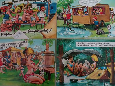 4 alte Postkarten Ferdinand Lagerbauer ELHA Humor Spaß Scherz Camping Karikatur bye