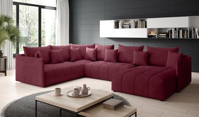 FURNIX U-Form Sofa ASVIL BIS Polstercouch mit Bettkasten und Kissen MH59 Rot