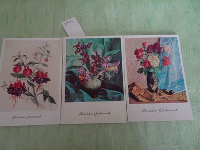 3 alte Postkarten Dennoch Künstlerkarte Vos Pasche Fuchsien Orchideen Rosenstilleben