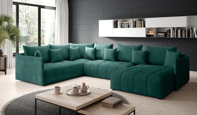 FURNIX U-Form Sofa ASVIL BIS Polstercouch mit Bettkasten und Kissen MH37 Grün