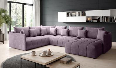 FURNIX U-Form Sofa ASVIL BIS Polstercouch mit Bettkasten und Kissen MH62 Lila