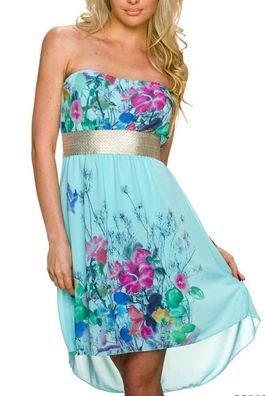 SeXy Damen Vokuhila Chiffon Mini Kleid Bandeau Blumen Gold Abend Dress XS/ S blau