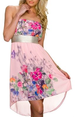 SeXy Damen Vokuhila Chiffon Mini Kleid Bandeau Blumen Gold Abend Dress XS/ S rosa