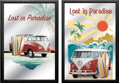 Set: 2 Spiegelbilder VW Bulli Oldtimer Lost in Paradise 20x30 cm Wandbilder