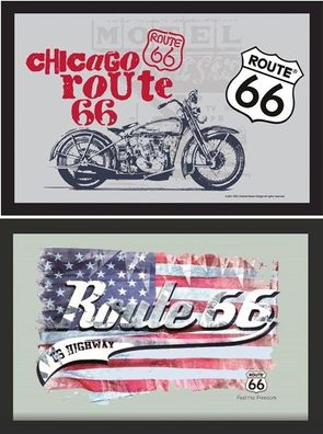 Set: 2 Spiegelbilder Route 66 Motorrad USA Flagge Bild 20x30 cm Hinterglasdruck