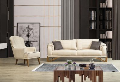 Sofagarnitur Set Beige mit Holzgestell 3 + 1 Sitzer Couchen Garnituren Möbel
