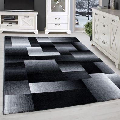 Teppich Modern Design Kurzflor Abstrakt Kariert Muster Meliert Schwarz Grau Weiß