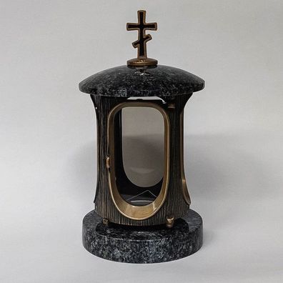 Grablampe Grablaterne mit Orthodoxem Kreuz aus Granit Azul Noche