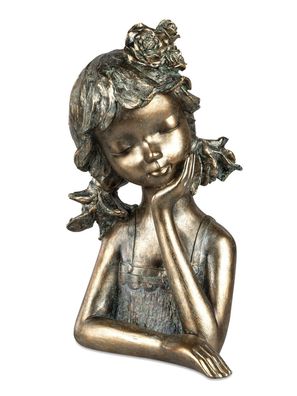 Dekobüste Mädchen mit Blumen Bronzefarben | Büste Figur Skulptur Maske | 29 cm