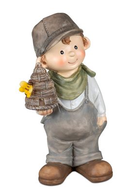 Dekofigur Junge mit Bienenstock | Figur Gartendeko Gartenfigur Ziefigur | 21 cm