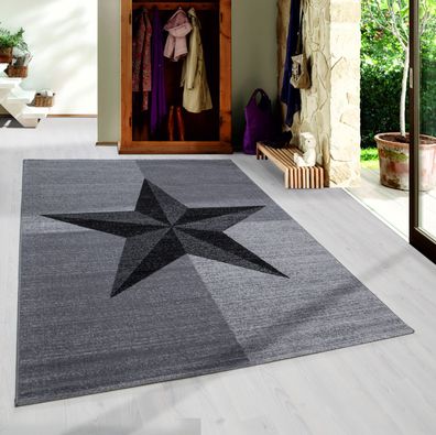 Kurzflor Wohnzimmer Teppich Design Stern Muster Kompassrose Grau Schwarz Meliert