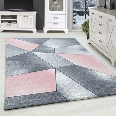 Design Wohnteppich Kurzflor Teppich Abstrakt Gemustert Grau Pink Weiss Meliert