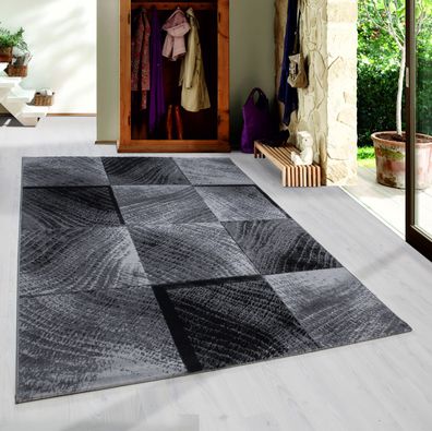 Kurzflor Teppich Wohnzimmerteppich Muster Karo Kachel Grau Schwarz Meliert
