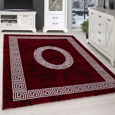 Kurzflor Teppich Design Griechisches Ornament Muster Troja Rot Schwarz Meliert