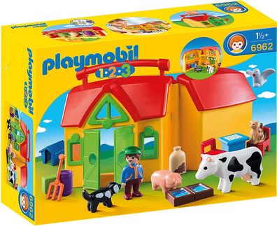 Playmobil 1.2.3 6962 Mein Mitnehm-Bauernhof mit Tieren und Futter, mit Tragegriff ...
