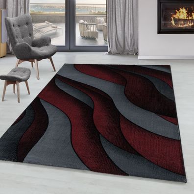 Wohnzimmerteppich Kurzflor Design Teppich 3-D Wellen Muster Soft Flor Rot
