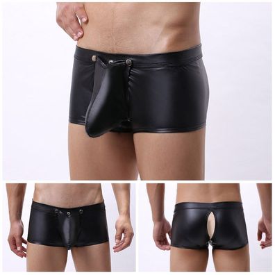 Herren Lackleder Shorts Schritt Offen Fetisch Boxer S-XL Mattlook Unterhose Pants