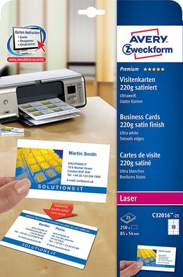 AVERY Zweckform C32016-25 Premium Visitenkarten, blanko (250 Stück, 220g, 85x54 ...