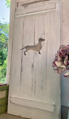 Landhaus Fensterladen Hund, Dackel, Shabby antique chic weiß Handgefertigt