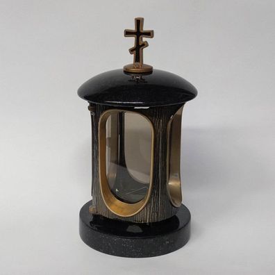 Orthodoxe Grablampe Grablaterne mit Kreuz aus Granit schwedisch black