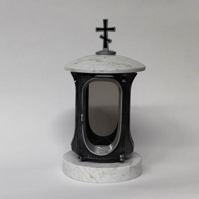 Grablampe Grablaterne Grabschmuck Marmor Carrara mit Orthodoxem Kreuz