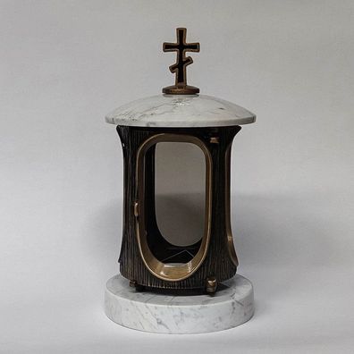 Grablampe Grablaterne mit Orthodoxem Kreuz Marmor Carrara
