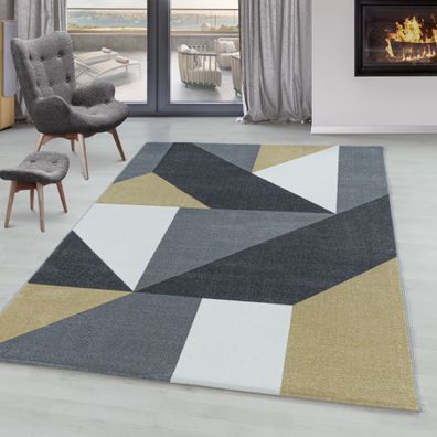 Wohnzimmerteppich Kurzflor Teppich Gelb Grau Muster Geometrisch Modern Weich
