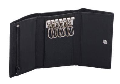 Hakenschlüsseltasche, Leder, mit vielen Fächern, schwarz