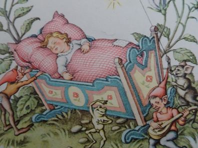 alte Postkarte AK KMN signiert schlafendes Baby Wichtel Mäuse Frosch wie gemalt