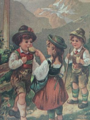 alte Postkarte AK Bio-Tex Italy Picknick in den Bergen Trachtenhosen Kinder Dirndl