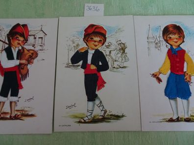 3 alte bestickte Postkarten AK Isabel Cofiba Mallorca Kinder in Landestracht Cataluna