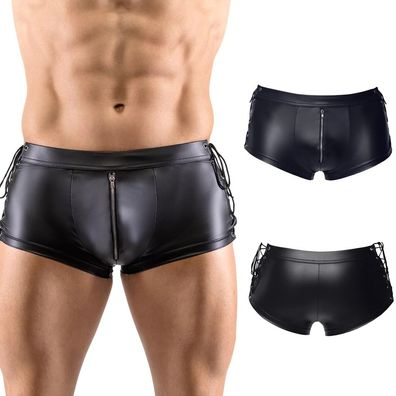 Herren Schritt offen Shorts mit Zip Lackleder Seiten Fesseln Boxer M-2XL Unterhose