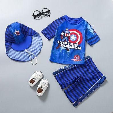 3er set Kinder Captain America UV-Schutz Badeanzug mit Sonnenhut Junge Swimwear