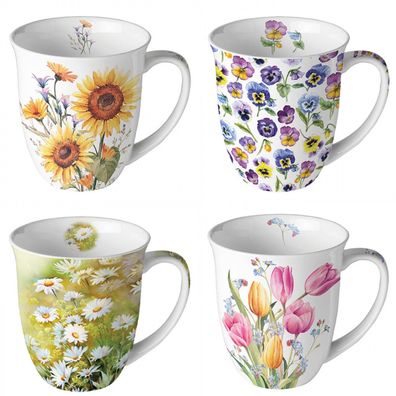 1 Kaffeebecher Blumen: Tulpe Sonnenblume Veilchen Gänseblümchen Henkelbecher Tasse